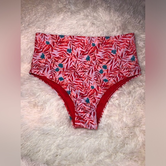 Red Floral High-Waisted Bikini Bottoms Medium - Picture 1 of 9